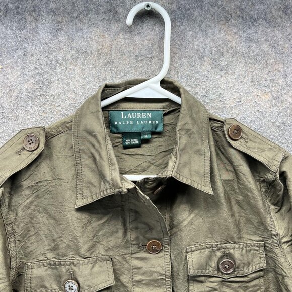Lauren Ralph Lauren Military Jacket Womens Medium Green Silk Utility Safari - Picture 3 of 9